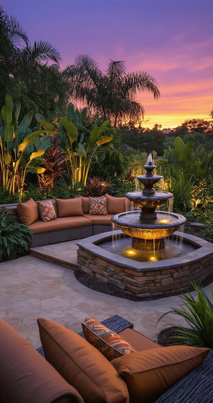 A serene backyard oasis at sunset featuring a compact tiered fountain surrounded by lush tropical plants, with a comfortable seating area adorned with earth-tone cushions, natural stone accents, and warm copper and bronze lighting effects, set against a tranquil evening sky of purple and orange.