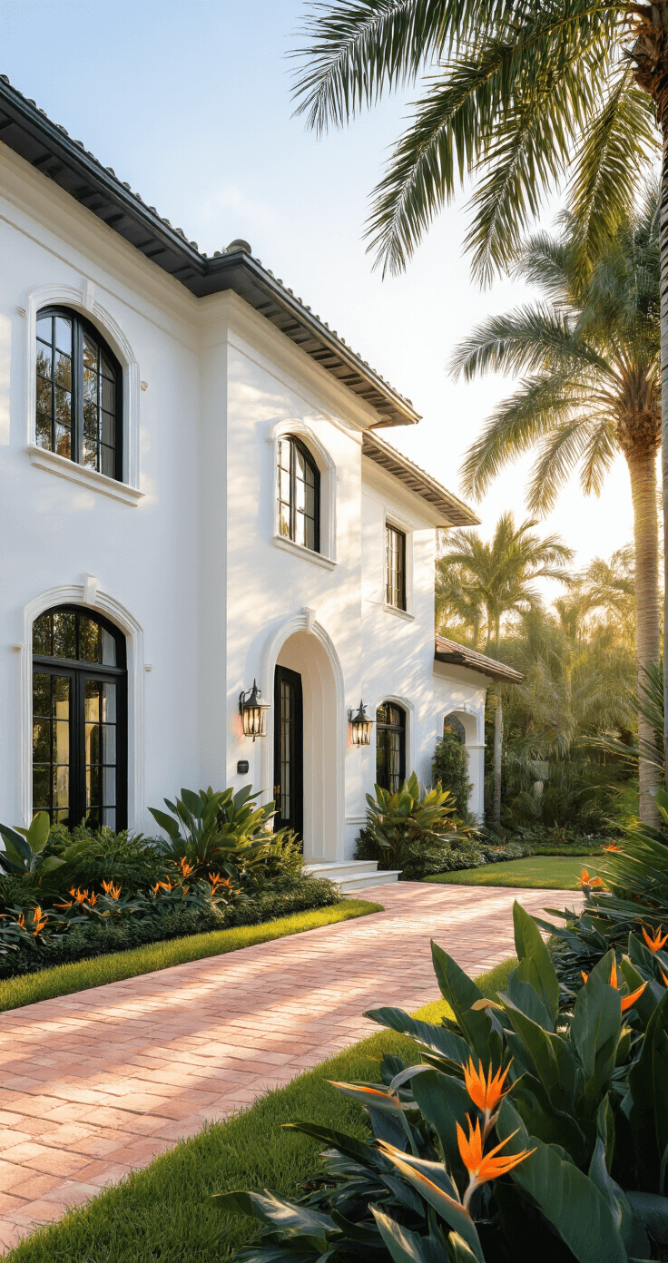 Photorealistic image of a Florida home exterior featuring brilliant white walls, black trim windows, and a coral stone walkway, surrounded by lush tropical landscaping with bird of paradise plants, captured during golden hour with dappled shadows from palm trees.