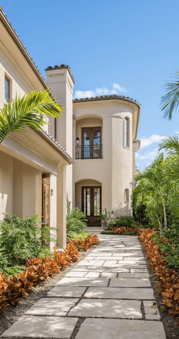 Elegant beige Florida home featuring sandy tan walls and natural wood accents, set against a clear blue sky, with a stone pathway lined with crotons and bright midday lighting highlighting its clean lines and neutral palette.