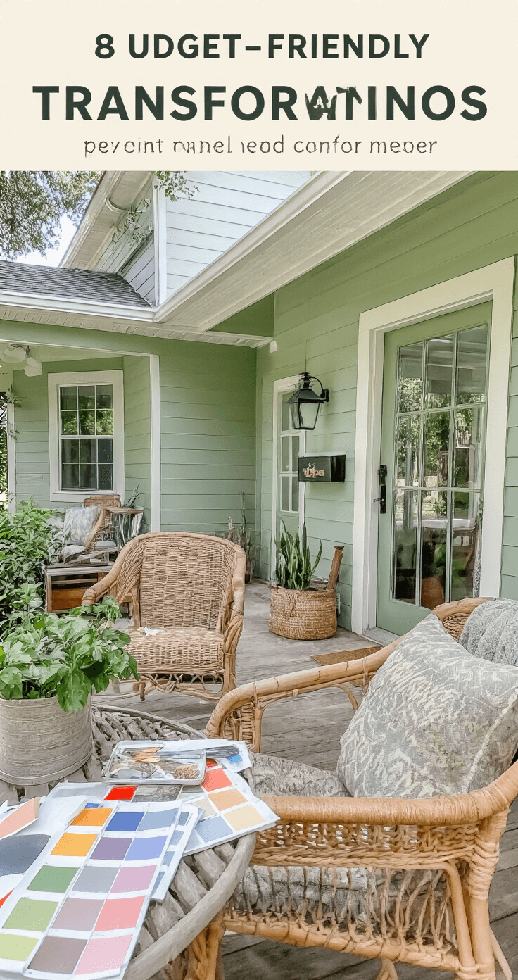 A budget-friendly Florida home transformation featuring sage green walls and natural wood elements, showcasing a before-and-after styling on a porch with paint samples scattered on the table, illuminated by natural daylight in an approachable residential setting.