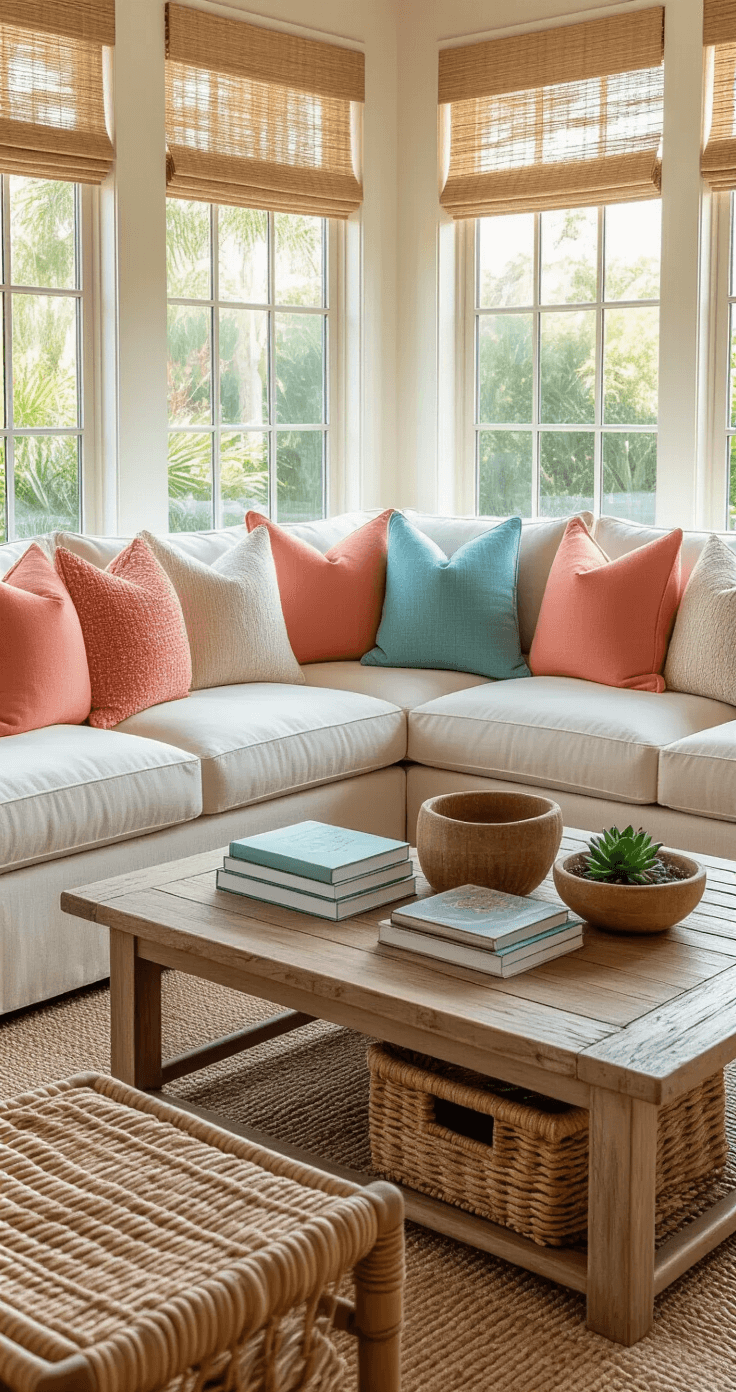 A cozy Florida room lounge featuring a cream linen L-shaped sectional adorned with coral and turquoise throw pillows, facing garden windows. The space is highlighted by golden hour backlighting, showcasing a reclaimed driftwood coffee table with ceramic bowls and design books, potted succulents, woven storage ottoman, and bamboo side tables, all arranged with natural fiber window treatments for a warm, inviting coastal ambiance.