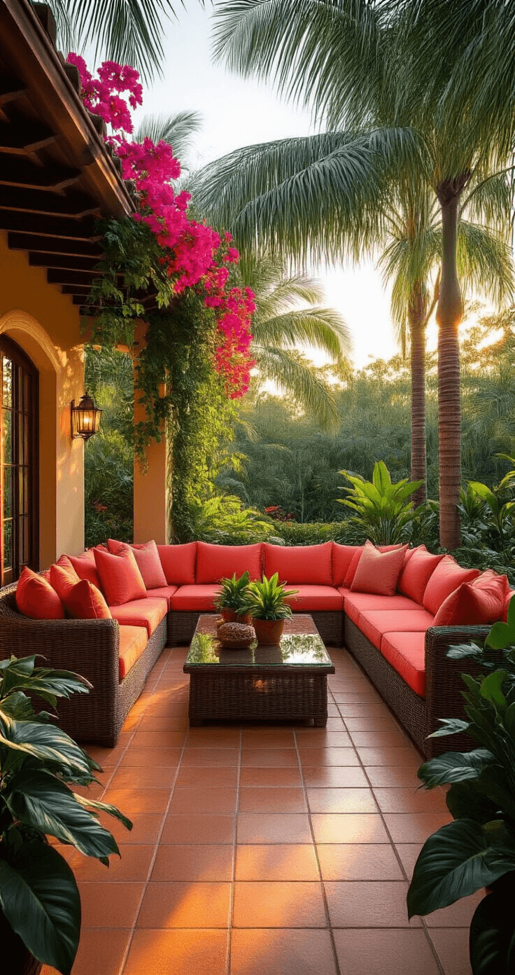Wide-angle shot of a spacious Florida patio during golden hour, showcasing Areca palms' shadows on terracotta tiles, a wicker sectional with coral cushions around a glass coffee table with potted crotons, cascading philodendrons in ceramic planters, and vibrant bougainvillea climbing pergola beams under warm amber lighting.