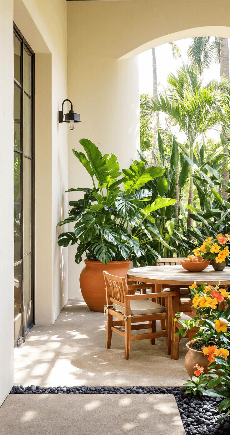 Cozy outdoor living corner bathed in mid-morning light, featuring a split-leaf philodendron in a large terra cotta planter, teak dining set, vibrant hibiscus blooms in yellow and coral, lava rock borders, textured concrete flooring, and smooth ceramic vessels, all enhancing a bright, airy tropical atmosphere.