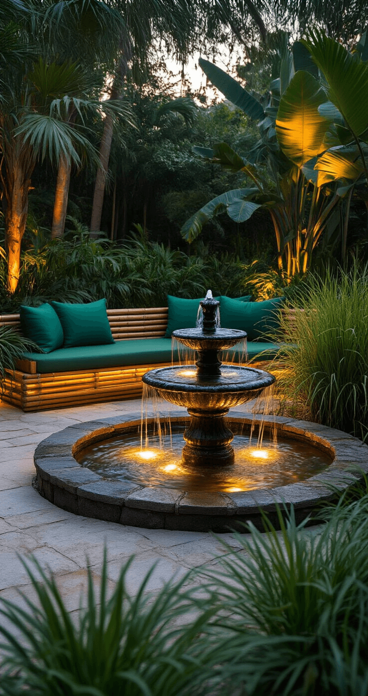 Intimate evening scene featuring a small tiered fountain surrounded by muhly grass and coontie plants, softly illuminated by LED uplighting, with low bamboo seating and emerald cushions. Close-up detail of bubbling water against lush tropical plantings, creating a moody twilight atmosphere enhanced by warm golden accent lighting.