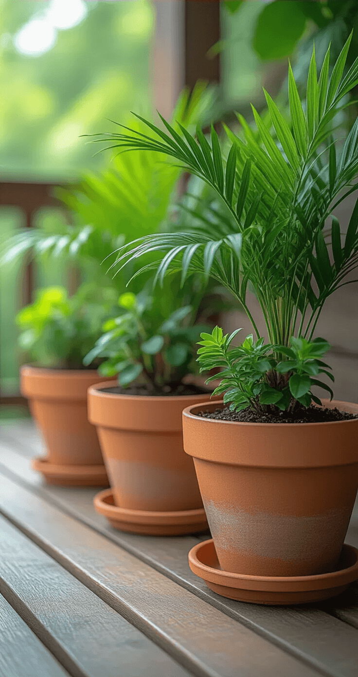 Ground-level macro shot of a container garden featuring miniature palm varieties in matching terra cotta planters on a weathered wooden deck, highlighting vibrant tropical foliage textures and color gradients.
