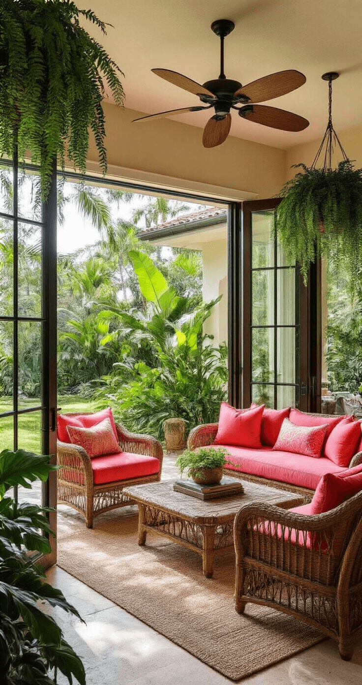 A spacious lanai interior featuring natural rattan furniture with vibrant hot pink and coral cushions, opening up to a lush tropical landscape. Large sliding doors enhance the connection between the indoor space and the garden views, while ceiling fans gently stir hanging fern baskets. The mid-afternoon light highlights the contrast between the shaded interior and the bright sunlit plants outside.