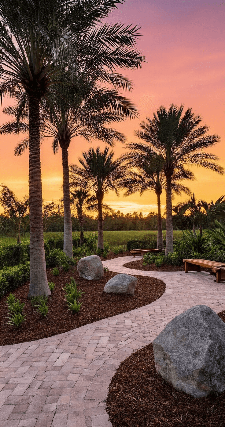 Sunset silhouette of a pygmy date palm grove with vibrant orange-pink sky, winding mulched pathways, teak benches, and decorative boulders, creating a tropical paradise mood.