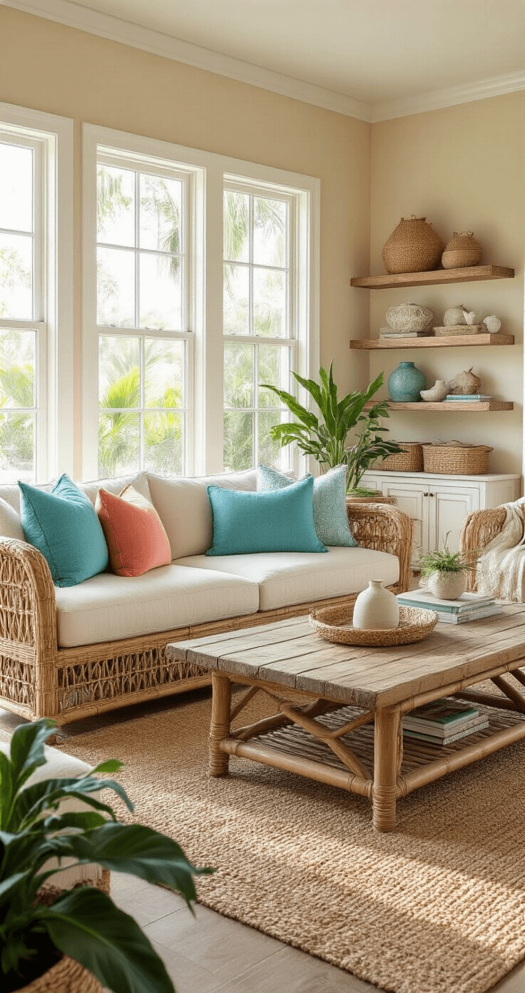 Photorealistic Florida living room featuring natural rattan furniture, a weathered wood coffee table, and a cream linen slipcover sofa adorned with turquoise and coral accent pillows. Large windows allow golden afternoon light to illuminate the sandy beige walls and seafoam accents, with floating shelves displaying coastal artifacts. Tropical plants in the corners and a natural fiber rug anchor the open, airy 14x16ft space.