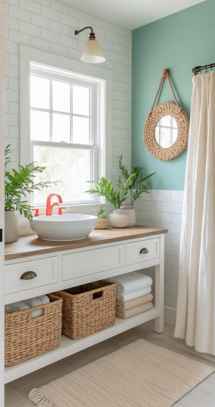 Coastal bathroom with a white vanity and weathered wood countertop, vessel sink, coral faucet, woven storage baskets, tropical plants, white subway tiles, seafoam green accent wall, natural rope mirror, linen shower curtain, sandy beige towels, and soft morning light.