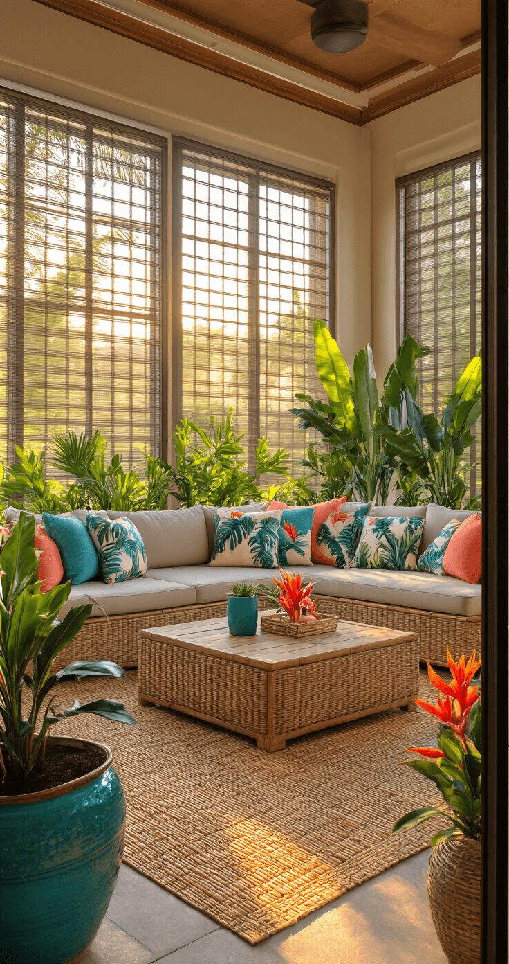 Photorealistic view of a tropical screened patio, featuring an oversized rattan sectional with palm-print cushions, bamboo rugs, and vibrant planters with birds of paradise, bathed in warm golden hour light, showcasing a teak coffee table with turquoise and coral accents in a resort-style luxury atmosphere.