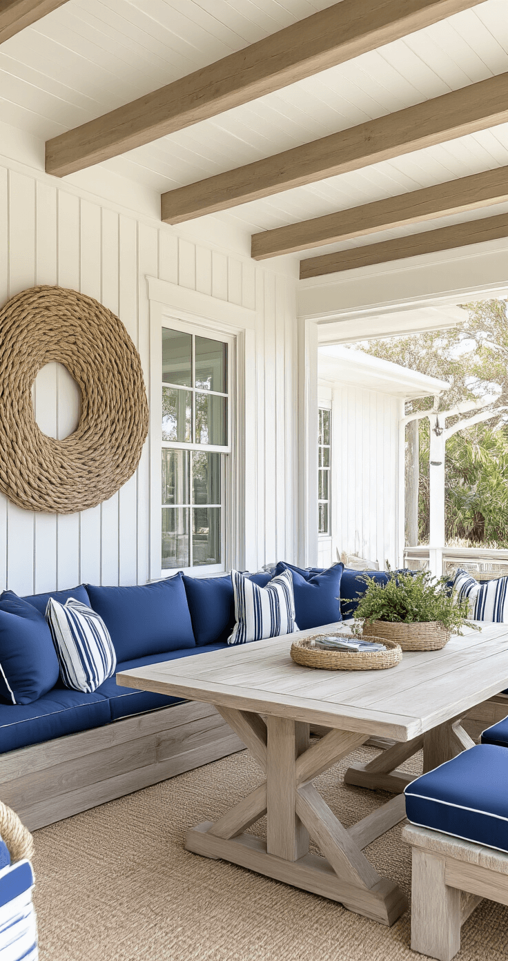 A coastal chic screened patio interior featuring a navy blue outdoor sectional and a sandy beige weathered wood dining table, adorned with coastal-themed striped cushions and driftwood wall sculptures, illuminated by afternoon natural light streaming through white painted screens, with rope accents and whitewashed ceiling beams creating a serene beachhouse atmosphere.