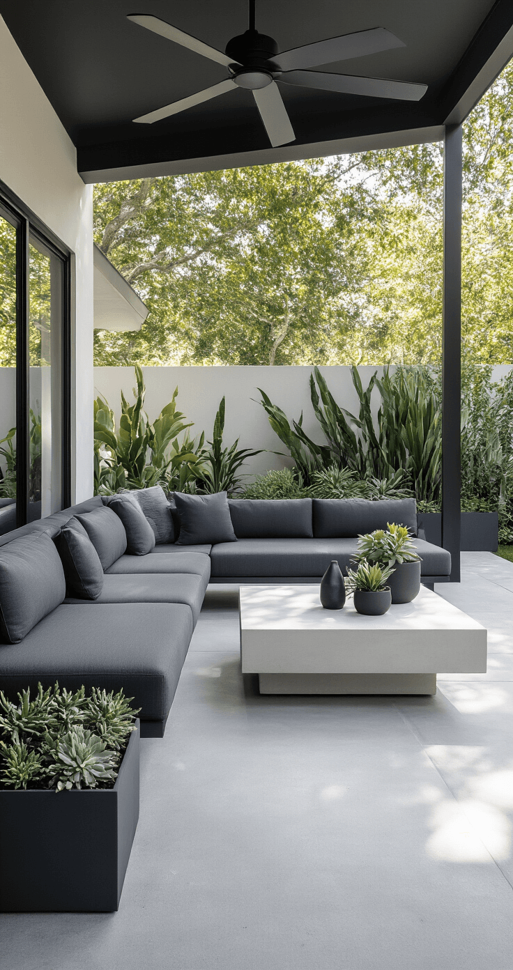 A modern minimalist screened patio featuring a sleek aluminum frame with a geometric charcoal sectional and a white concrete coffee table, surrounded by monochromatic planters with sculptural succulents, polished concrete floors, and a black steel ceiling fan, all in a clean white and gray palette, bathed in soft morning light.