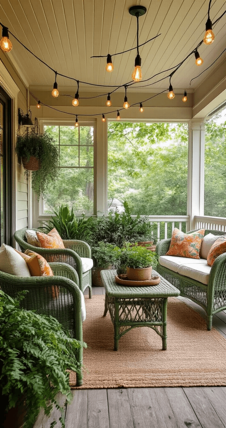 A cozy, budget-friendly screened patio transformed with vintage sage green wicker chairs, DIY plant groupings, and colorful outdoor throw pillows. The space features eclectic furniture arrangements, warm ambient lighting from string Edison bulbs, and a casual comfortable style, captured in the late afternoon glow.
