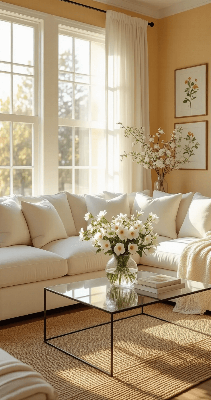 Photorealistic living room with orange blossom decor, large windows allowing mid-morning sunlight, cream sectional sofa with white pillows, glass coffee table with orange blossoms, soft white curtains, honey-colored hardwood floors, vintage botanical prints on citrus walls, jute rug and cashmere throws, serene Florida-inspired atmosphere.