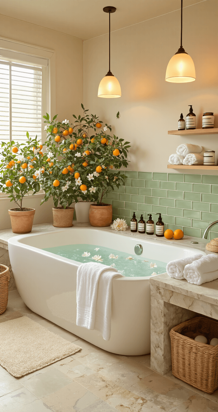 A serene luxurious bathroom spa retreat featuring a freestanding white tub, potted citrus plants, and marble countertops with essential oil bottles, illuminated by warm evening glow from pendant lights. The space is adorned with fluffy white towels, bamboo accessories, pale green subway tiles, and fresh orange blossoms scattered throughout, creating a tranquil wellness atmosphere.