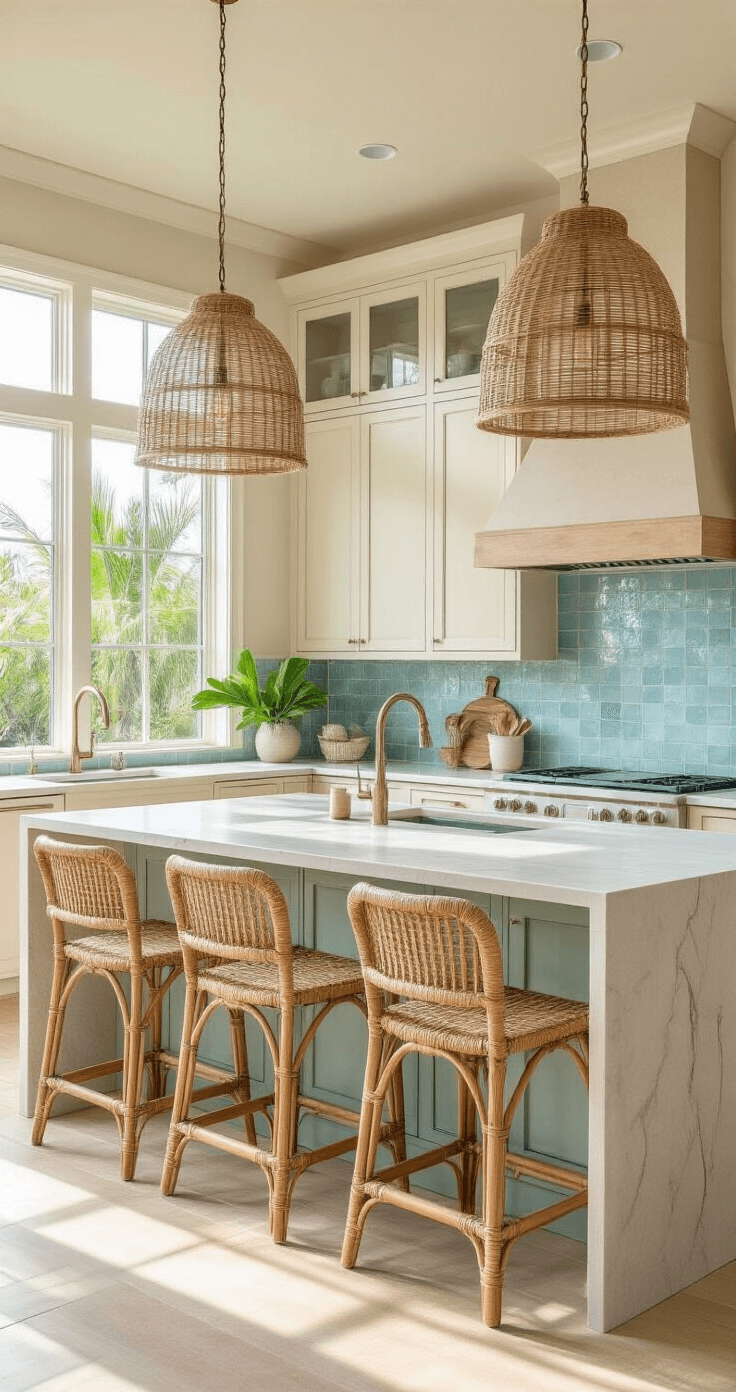 Photorealistic image of a Florida kitchen featuring sandy beige cabinets, watery blue backsplash tiles, and seafoam green accents, with a large quartz waterfall island and natural wood bar stools, illuminated by morning sunlight through oversized windows, showcasing coastal style with rattan pendant lights and tropical plants.