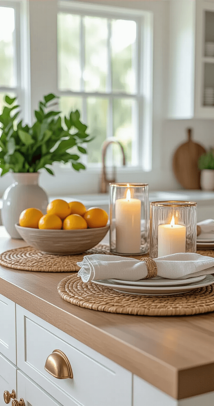 Close-up of a coastal chic Florida kitchen island featuring layered textures with rattan placemats, linen napkins, glass hurricane candles, and fresh citrus bowls on a natural wood countertop against a white shiplap base, accented by brass hardware and soft morning light creating gentle shadows.