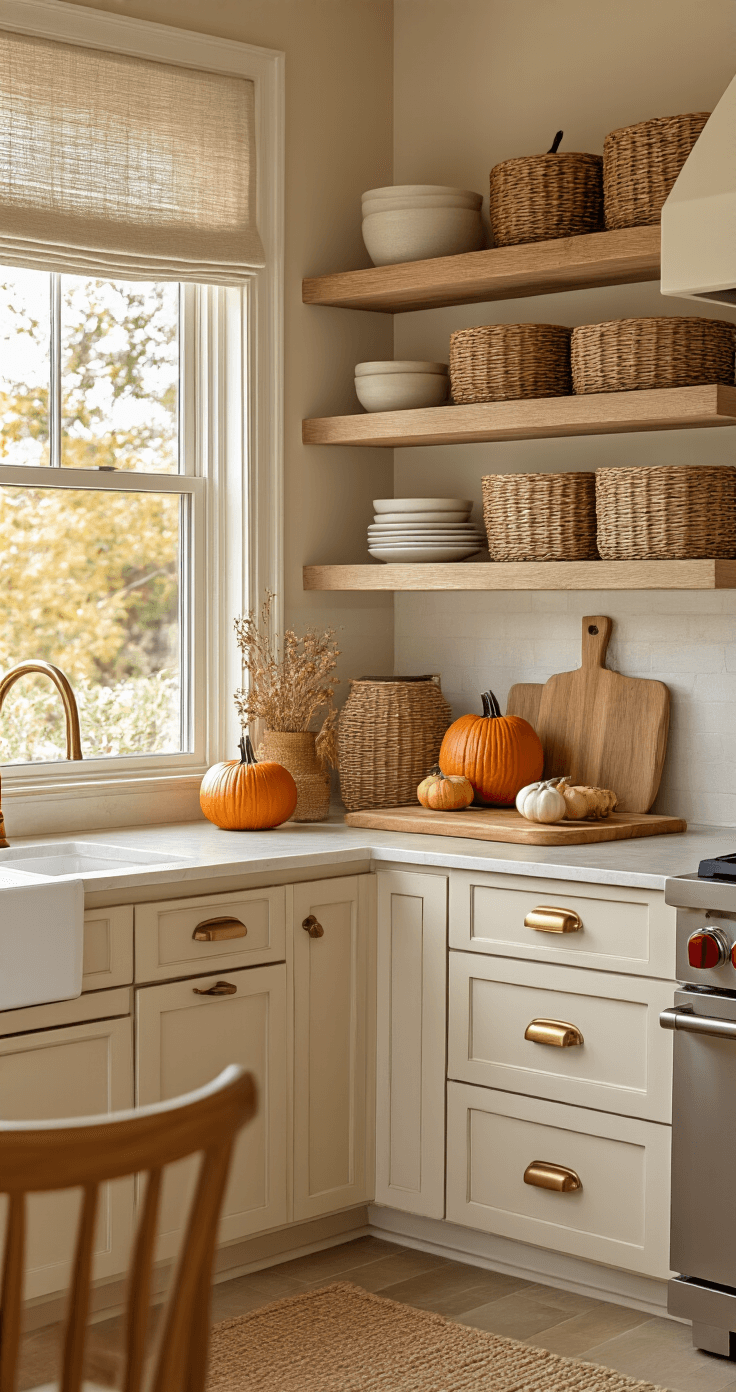 Cozy Florida kitchen decorated for autumn with orange accents, pumpkin decor, sandy beige cabinets, brass hardware, bamboo cutting boards, and woven baskets on open shelves, illuminated by warm afternoon light filtering through linen curtains.
