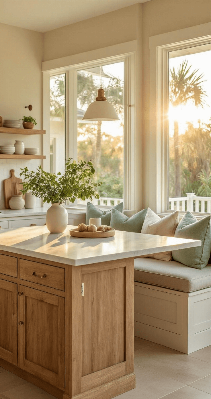 A beautifully styled Florida kitchen during golden hour, featuring sunlight illuminating quartz counters and a natural wood island, with a cozy breakfast nook adorned in coastal throw pillows. Fresh greenery and light textiles enhance the spring aesthetic, captured from an outdoor patio to highlight the indoor-outdoor flow and chic coastal decor.