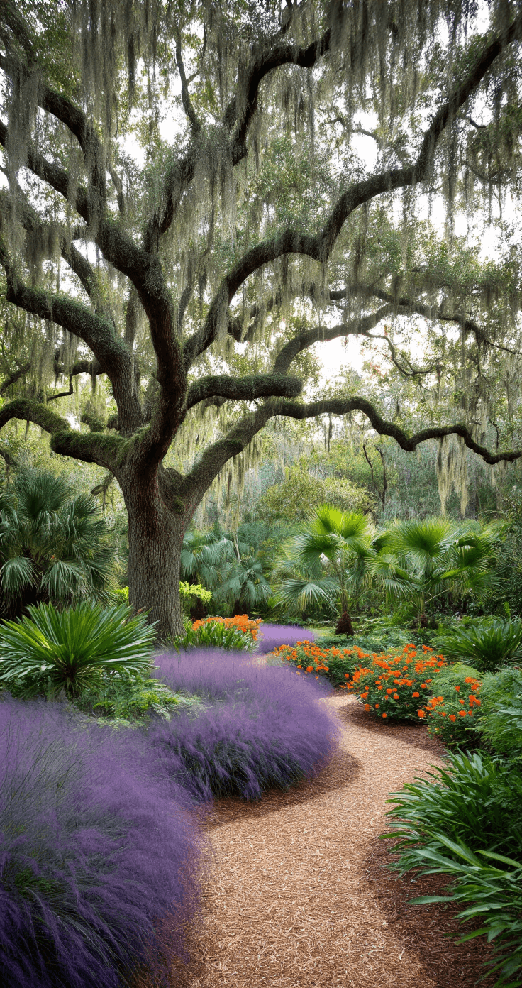 A beautiful Florida landscape featuring a majestic live oak with moss-draped branches, clusters of silvery-blue Sabal palms, and vibrant firebush with orange-red blooms, alongside wispy purple muhly grass, all set along natural mulch pathways in soft overcast lighting with an earthy palette of sage greens and warm browns.
