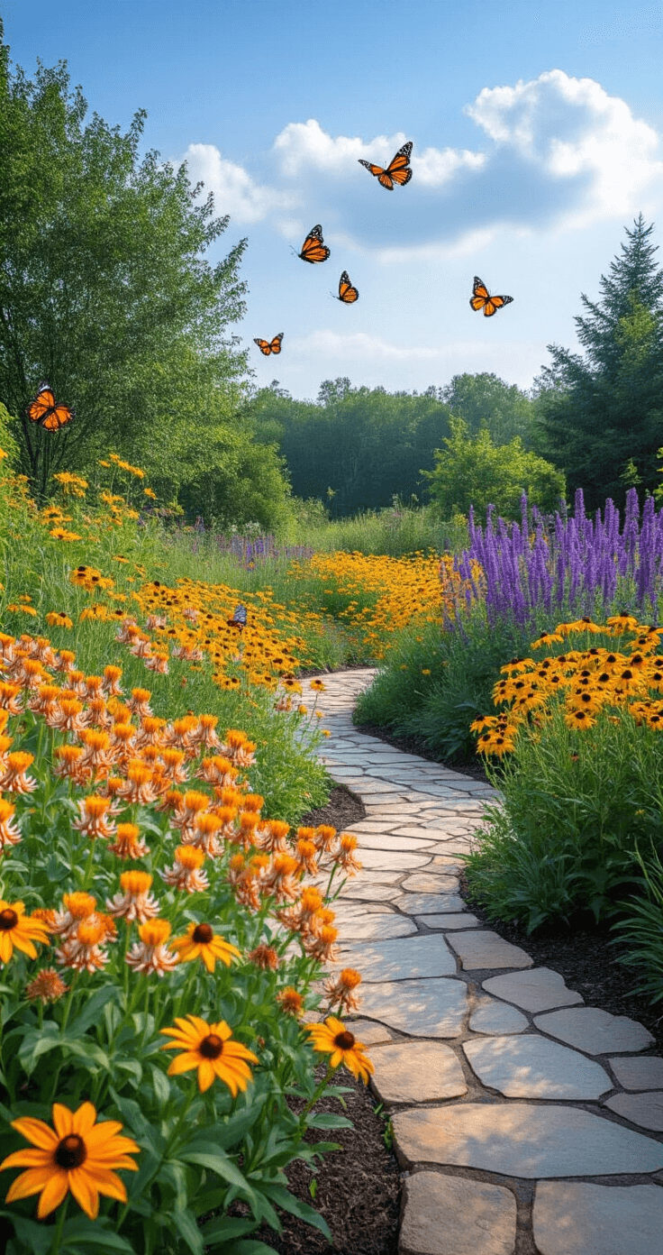 A vibrant pollinator garden filled with orange milkweed flowers attracting monarch butterflies, purple blazing star spikes, and yellow black-eyed Susan blooms, featuring decorative butterfly feeding stations, curved flagstone pathways, and soft natural lighting, showcasing wildlife interaction and a layered perennial planting design for seasonal blooms.