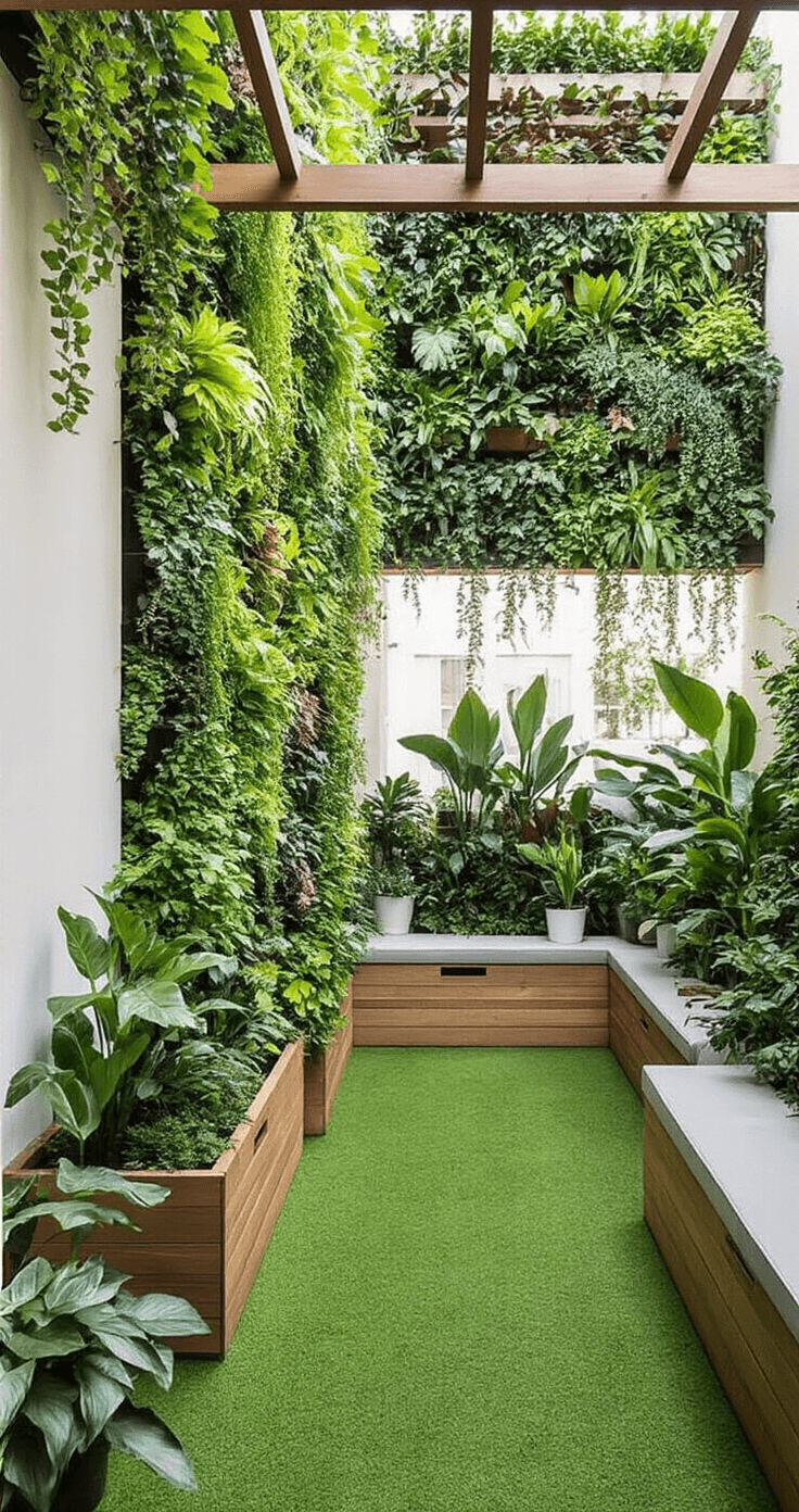 A vibrant vertical garden in a tiny urban lot features cascading tropical plants, compact raised planters at varying heights, and emerald artificial turf, all under a pergola that enhances the intimate design, bathed in filtered natural light.