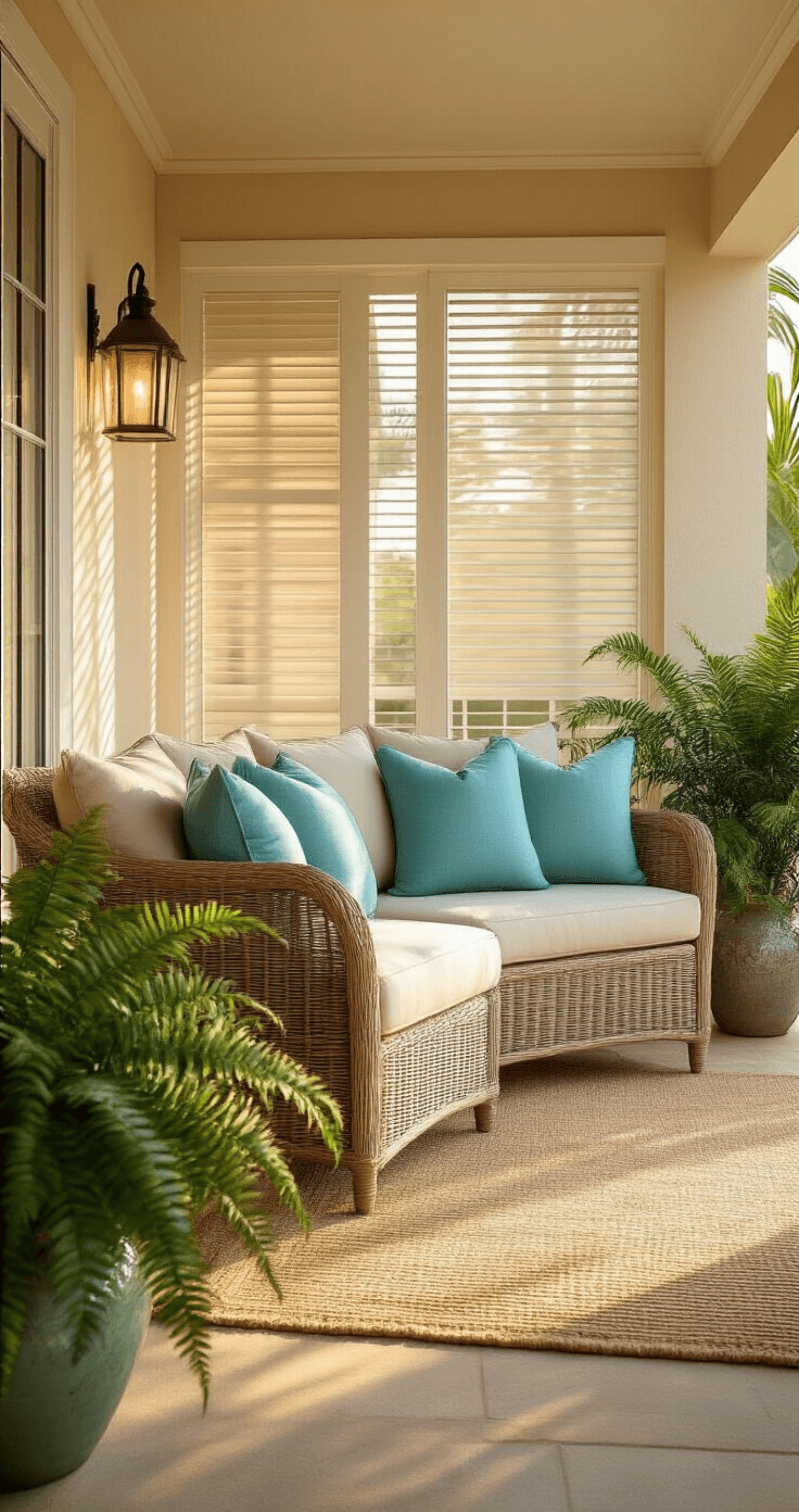 A photorealistic Florida lanai featuring a compact wicker loveseat with aqua throw pillows, a sandy beige outdoor rug, and decorative potted ferns and palms, illuminated by soft morning light that casts gentle shadows, creating a warm coastal atmosphere.