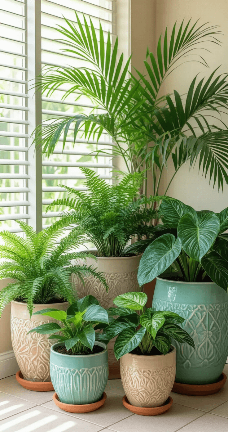 A vibrant lanai corner filled with potted caladiums, ferns, and small palms in aqua, sage green, and sand-toned ceramic containers, arranged at varying heights. Natural morning light filters through screens, enhancing the textures of the plants from an overhead angle, evoking a fresh tropical atmosphere.