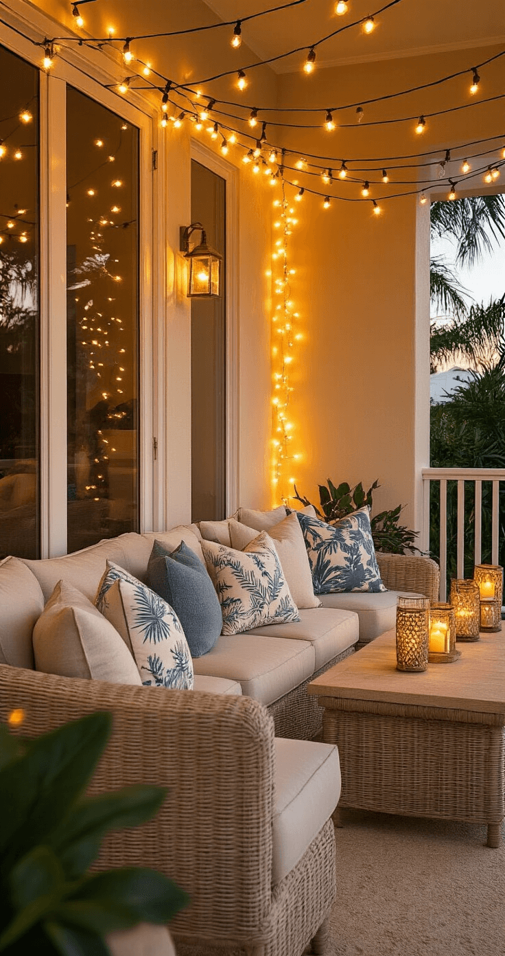 Evening lanai scene featuring warm string lights and coastal-print throw pillows on sandy neutral furniture, bathed in golden hour light, creating a cozy outdoor dining atmosphere.