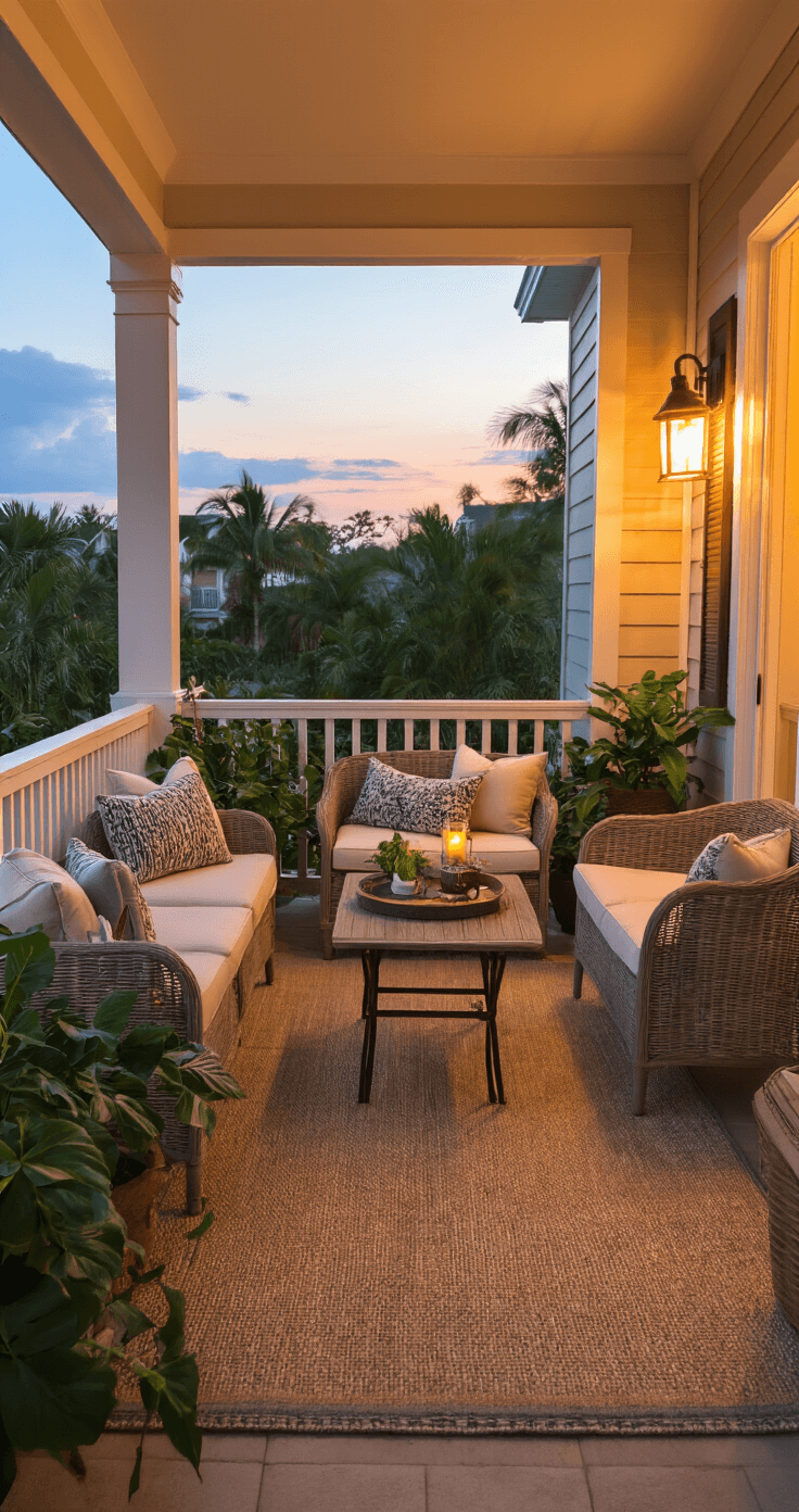 A beautifully arranged small Florida lanai featuring a loveseat, bistro set, and potted plants, all illuminated by soft golden hour light. The layout emphasizes space maximization and cozy coastal style, creating a warm and inviting atmosphere.
