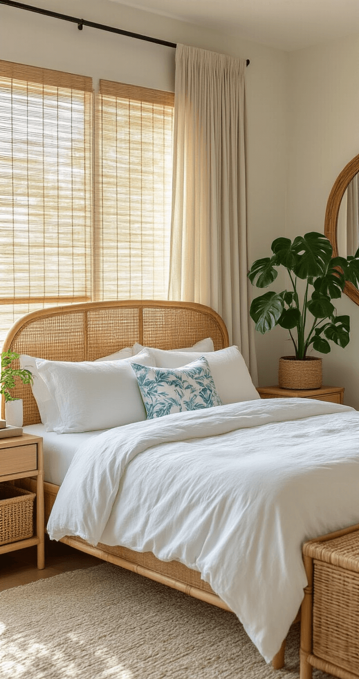 Modern tropical Florida bedroom featuring a king bed with lightweight white cotton bedding and a rattan headboard, soft afternoon light filtering through bamboo blinds, light cypress wood bedside tables, a woven basket planter with an indoor monstera plant, pale blue tropical print throw pillows, soft beige linen curtains, floating nightstand shelves, and a mirror reflecting natural light, all creating a warm, relaxed vacation vibe with natural materials and efficient vertical storage.