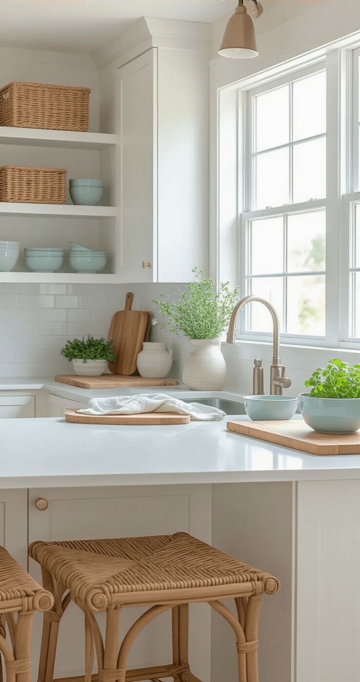 A bright coastal minimalist kitchen in a Florida apartment, featuring white cabinets, light gray quartz countertops, and morning light streaming through a large window. Decor includes bamboo cutting boards, wicker storage baskets, pale blue ceramic bowls, and sage green linen dish towels. Small potted herbs adorn the windowsill and natural wood bar stools complete the efficient layout, enhanced by nautical rope details for a fresh and airy atmosphere.