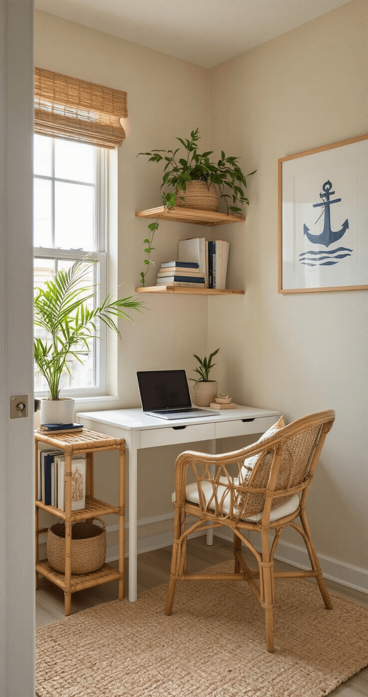 A cozy Florida apartment home office nook featuring a slim white desk against a soft beige wall, illuminated by warm afternoon sunlight. The space includes a bamboo shelving unit filled with books and plants, a wicker desk chair with a lumbar cushion, and floating shelves for additional storage. A small potted palm and nautical artwork enhance the coastal-inspired decor, while a natural fiber rug adds warmth to the clean, productive atmosphere.