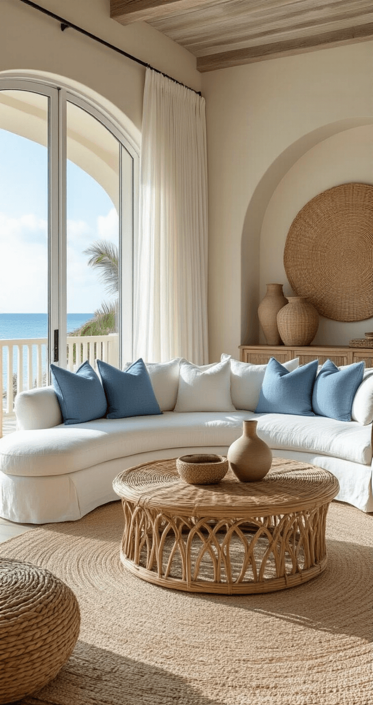 Photorealistic Florida living room featuring a curved white linen sofa with ocean blue throw pillows, a unique rattan coffee table, and a weathered wood accent wall, bathed in morning golden light from floor-to-ceiling windows, designed in a soft blue and sandy neutral palette with natural textures and coastal decor in a spacious 10x12 foot area with vaulted ceilings.
