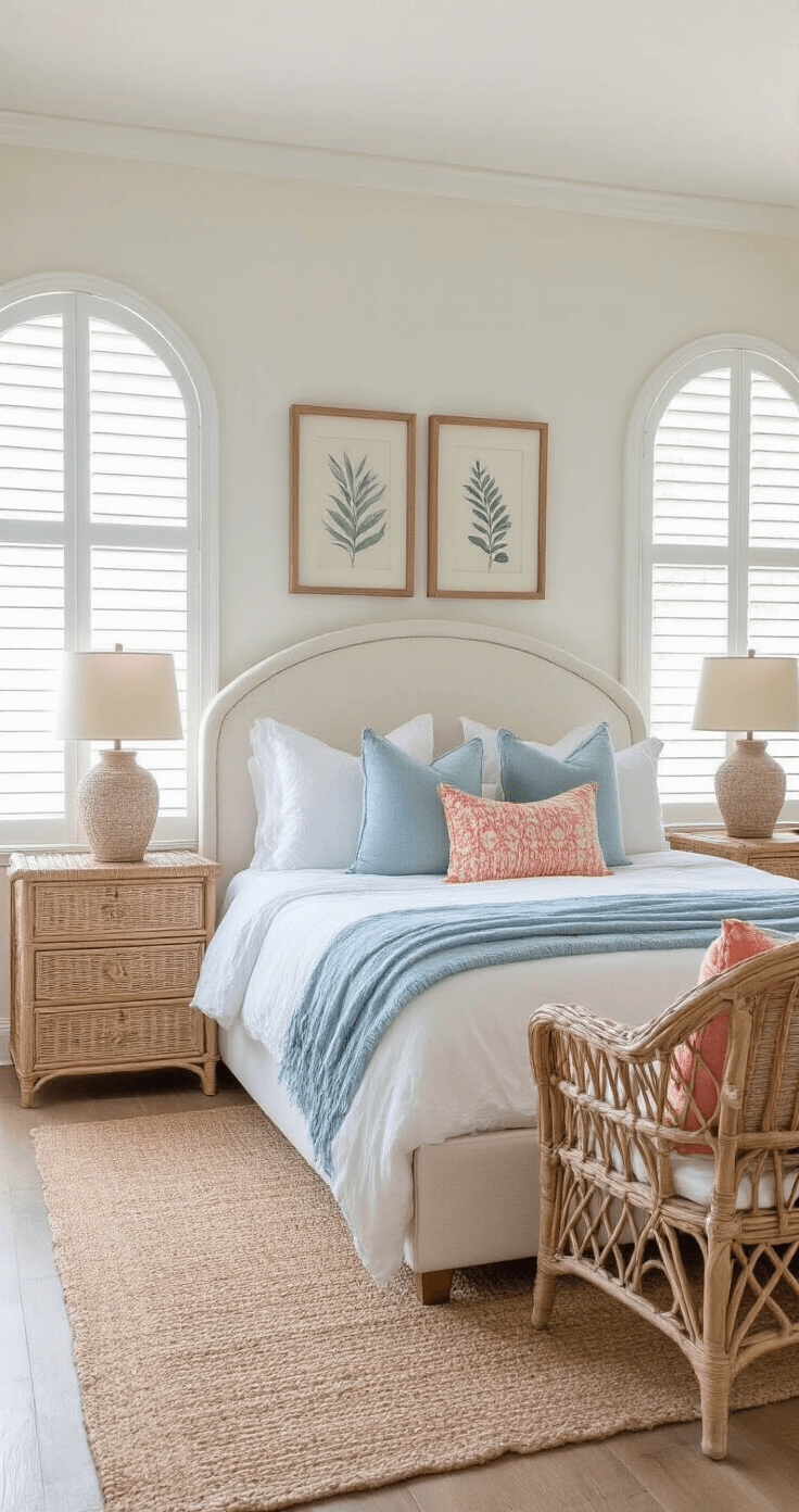 A serene Florida bedroom sanctuary featuring a curved white linen headboard, soft blue and coral throw blankets, vintage rattan nightstands with ceramic lamps, and a wicker accent chair adorned with colorful cushions, all bathed in early morning natural light filtering through plantation shutters. Weathered wood floors and a jute area rug complement the peaceful atmosphere, enhanced by botanical wall art in sandy frames.