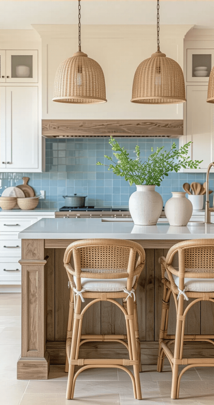 A sophisticated Florida kitchen featuring white cabinetry, a weathered wood island with rattan bar stools, and soft blue backsplash tiles, illuminated by warm golden hour light, adorned with ceramic vases of fresh botanicals and coastal-themed decor, all enhanced by sculptural pendant lights, creating a stylish and inviting atmosphere.
