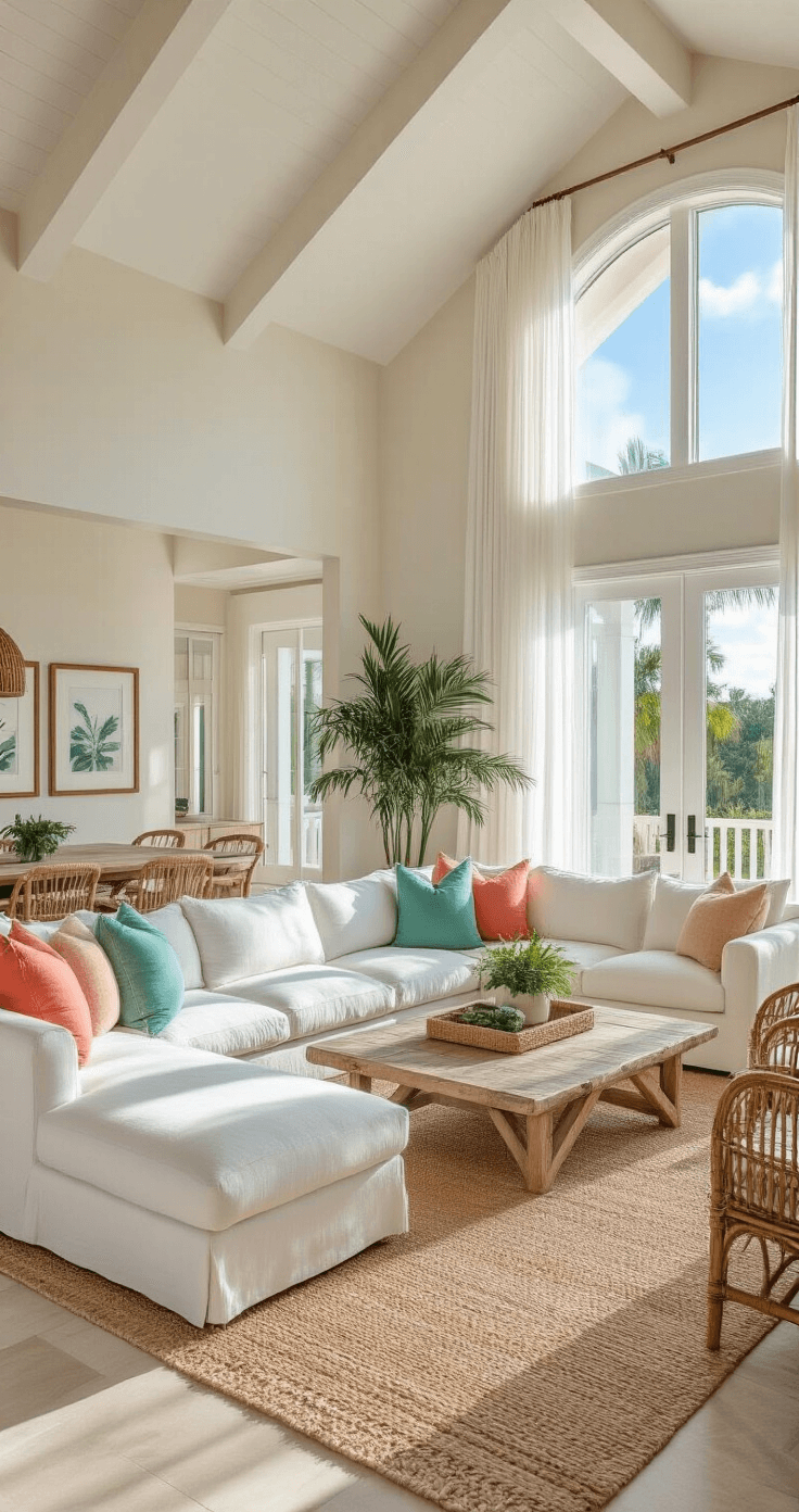 Photorealistic living room in a Florida house featuring 12-foot vaulted ceilings, expansive sliding glass doors, a white linen sectional sofa with colorful throw pillows, natural jute rug, whitewashed wood coffee table, rattan chairs, potted palm plants, and botanical prints, all bathed in golden mid-morning sunlight.