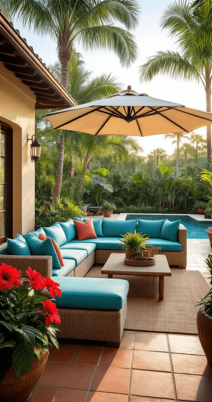 Tropical Paradise: Designing the Ultimate Florida Patio Retreat Photorealistic Florida patio scene featuring a large terracotta tile terrace with a honey-wicker sectional in L-shape, turquoise cushions, lush tropical plants, and a tranquil pool under warm golden hour lighting.