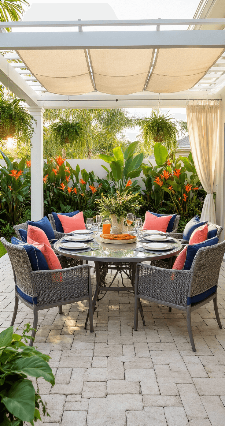 Tropical Paradise: Designing the Ultimate Florida Patio Retreat Elegant outdoor dining setup on a 12x18ft concrete patio, featuring a rust-resistant aluminum table with a glass top, navy cushions, and coral accent pillows. A white pergola with a retractable canvas provides shade, while a container garden of bird of paradise and hanging ferns creates a vibrant backdrop. Soft morning sunlight enhances the sophisticated ambiance of the intimate breakfast scene.