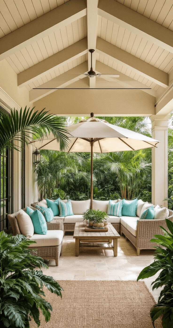 Tropical Paradise: Designing the Ultimate Florida Patio Retreat Tropical patio oasis with a large covered lanai featuring a vaulted ceiling, cantilever umbrella, sectional seating with turquoise and white striped cushions, weathered teak furniture, palm trees, coral flowering bushes, and travertine flooring, creating a serene and shaded retreat in warm afternoon light.