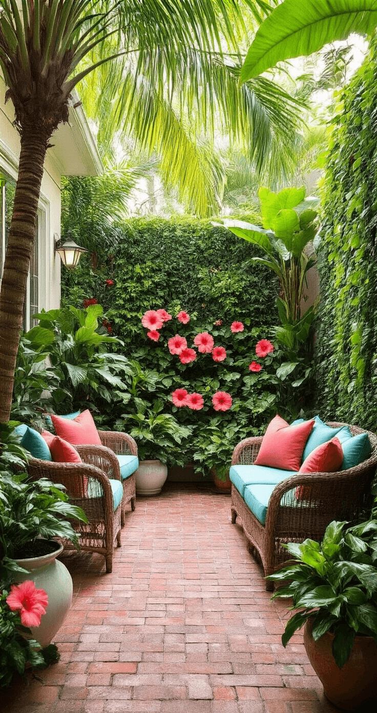 Tropical Paradise: Designing the Ultimate Florida Patio Retreat Intimate brick paver courtyard in Florida, featuring a tiered tropical garden with coconut palms, coral-pink hibiscus, and burgundy-centered bromeliads. Weatherproof wicker chairs with aqua cushions and ceramic planters in white and terracotta create a vibrant botanical sanctuary, enhanced by a living wall of Boston ferns and morning dew-kissed lighting.