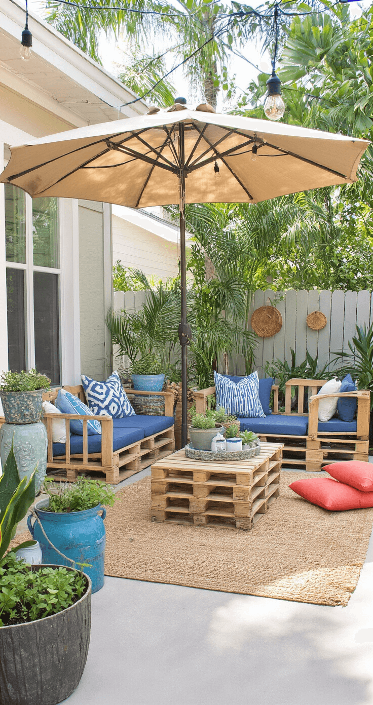 Tropical Paradise: Designing the Ultimate Florida Patio Retreat A compact Florida patio featuring a transformed 8x12ft concrete slab under bright midday sun, adorned with DIY pallet furniture, weather-resistant coastal blue cushions, repurposed ceramic pots with succulents and small palms, string lights overhead, a sand-toned outdoor area rug, thrift store lanterns, coral throw pillows, and a container herb garden, all captured from a ground-level perspective.