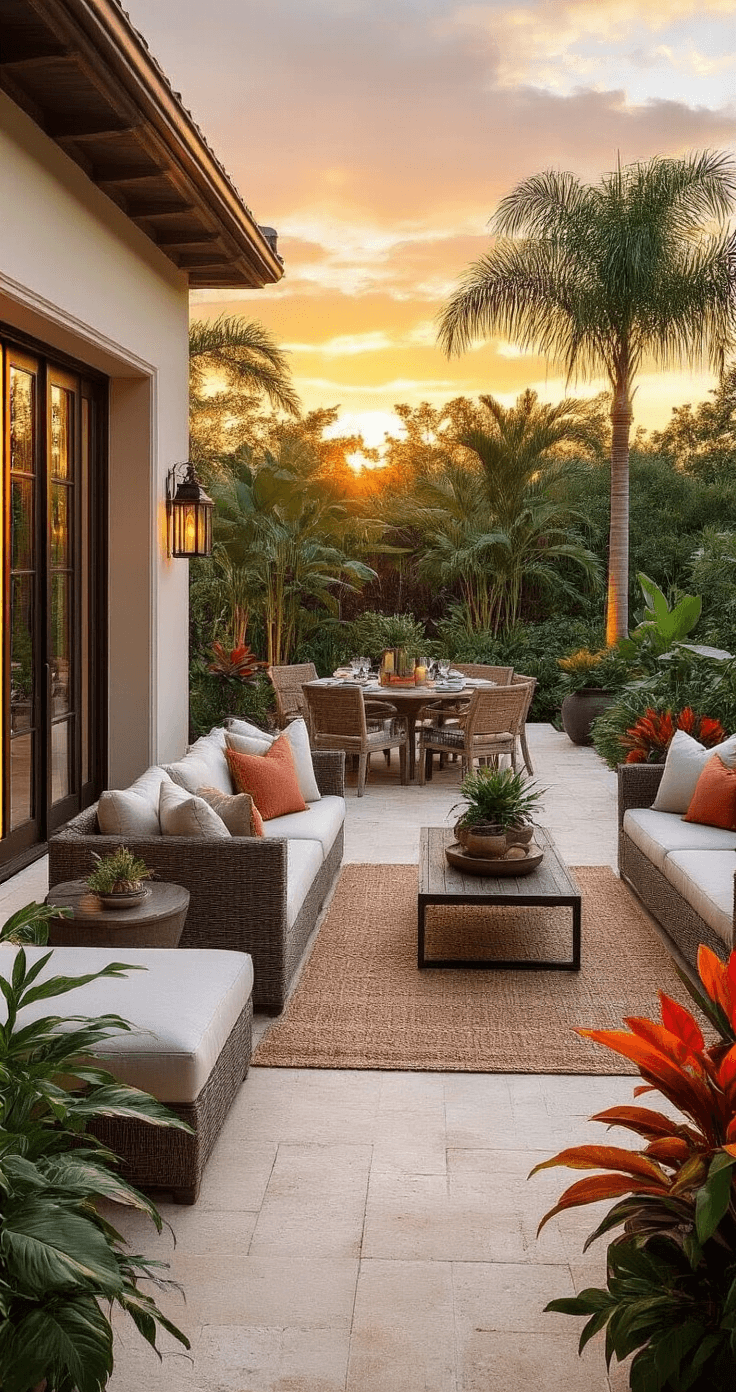 Tropical Paradise: Designing the Ultimate Florida Patio Retreat A beautifully styled Florida patio at sunset featuring a spacious travertine deck with multiple seating areas, including a sectional sofa and dining space. The design incorporates mixed textures with woven outdoor rugs, metal planters, and wooden accents. Various plant heights, including tall bamboo and colorful crotons, add depth to the scene. The color palette consists of aqua, coral, and cream, with lanterns and hurricane candles creating a sophisticated resort ambiance.