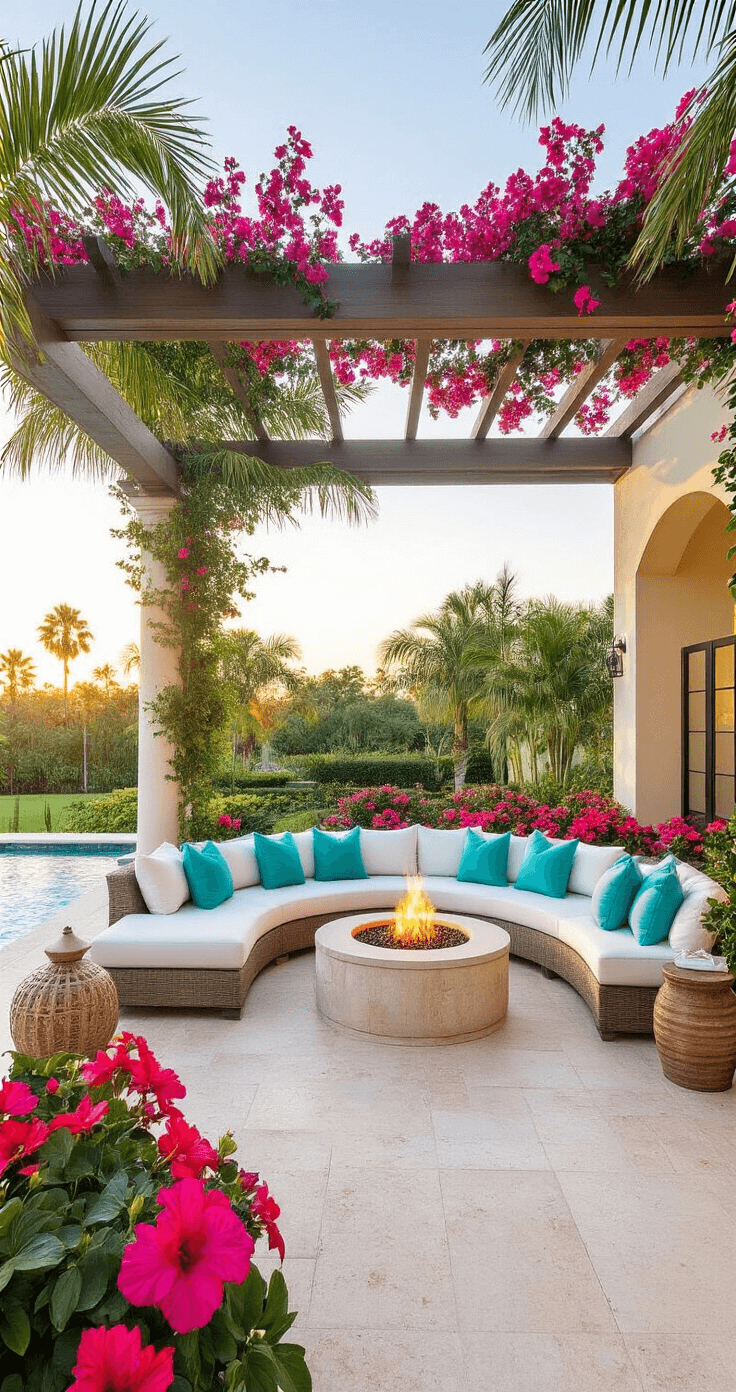Tropical Paradise: Designing the Ultimate Florida Patio Retreat An Instagram-worthy Florida patio featuring a 15x15ft space with a white curved sectional adorned with turquoise pillows, facing a fire bowl. Surrounded by symmetrical palm trees and colorful hibiscus flowers, the pergola is draped in magenta bougainvillea, complemented by teak accent tables and coral decor. The pool edge and travertine flooring are visible, all captured in golden hour backlighting to evoke a luxurious tropical resort vibe.