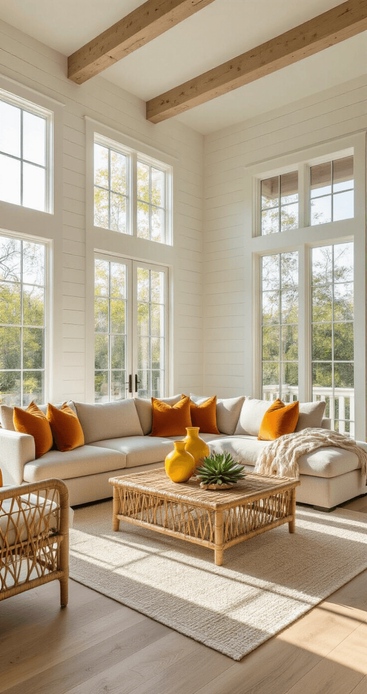 Modern living room featuring high ceilings and large windows, with golden hour sunlight illuminating a greige sectional sofa adorned with orange velvet pillows, a rattan coffee table with succulents, and a cream shiplap wall, all under exposed white oak beams.
