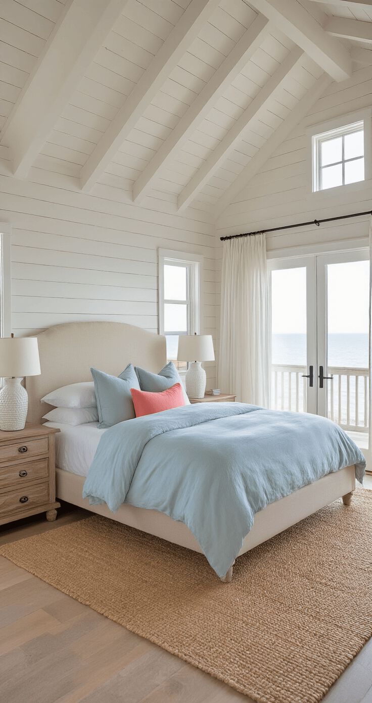 Coastal bedroom at sunrise featuring a vaulted ceiling with white-washed wood, a king bed with a sandy beige linen headboard, soft sky blue duvet, and coral pink accent pillows, weathered driftwood nightstands with white ceramic lamps, a jute area rug, sheer white curtains, and French doors opening to a balcony, captured with a 50mm lens and natural backlighting creating a gentle lens flare.
