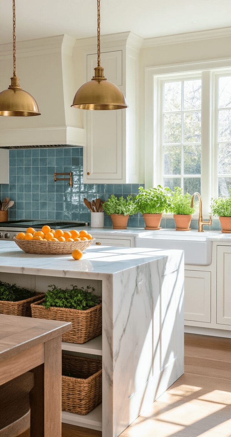 A gourmet kitchen with a white marble waterfall island, brass pendant lights, warm white cabinetry, and an ocean blue ceramic tile backsplash, featuring fresh citrus fruits and herbs on the window sill, all captured in afternoon sunlight from a dining area perspective.