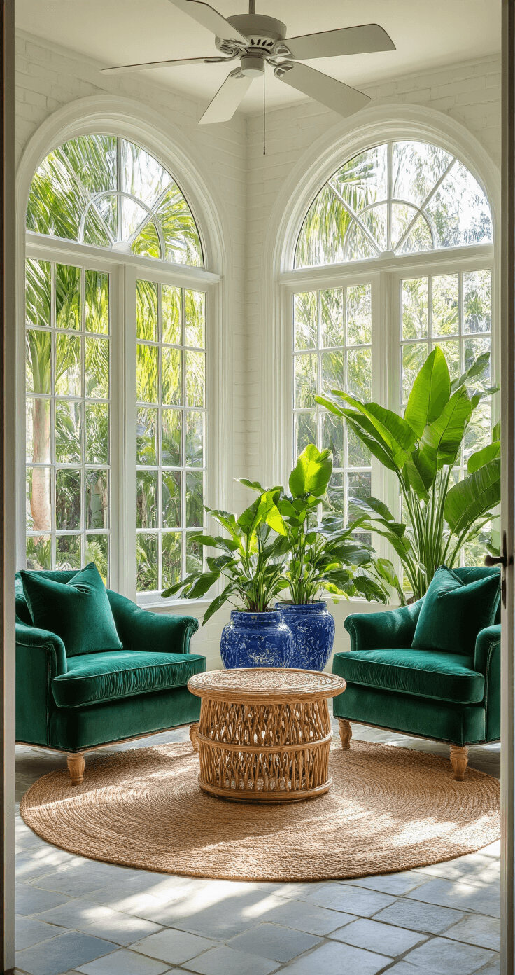 Tropical sunroom featuring arched windows with afternoon light filtering through palm fronds, deep emerald green velvet armchairs beside a round rattan side table, azure blue ceramic planters with bird of paradise and monstera plants, a natural jute rug, a white wicker ceiling fan, coral stone flooring, and white painted brick walls, viewed from the entrance.