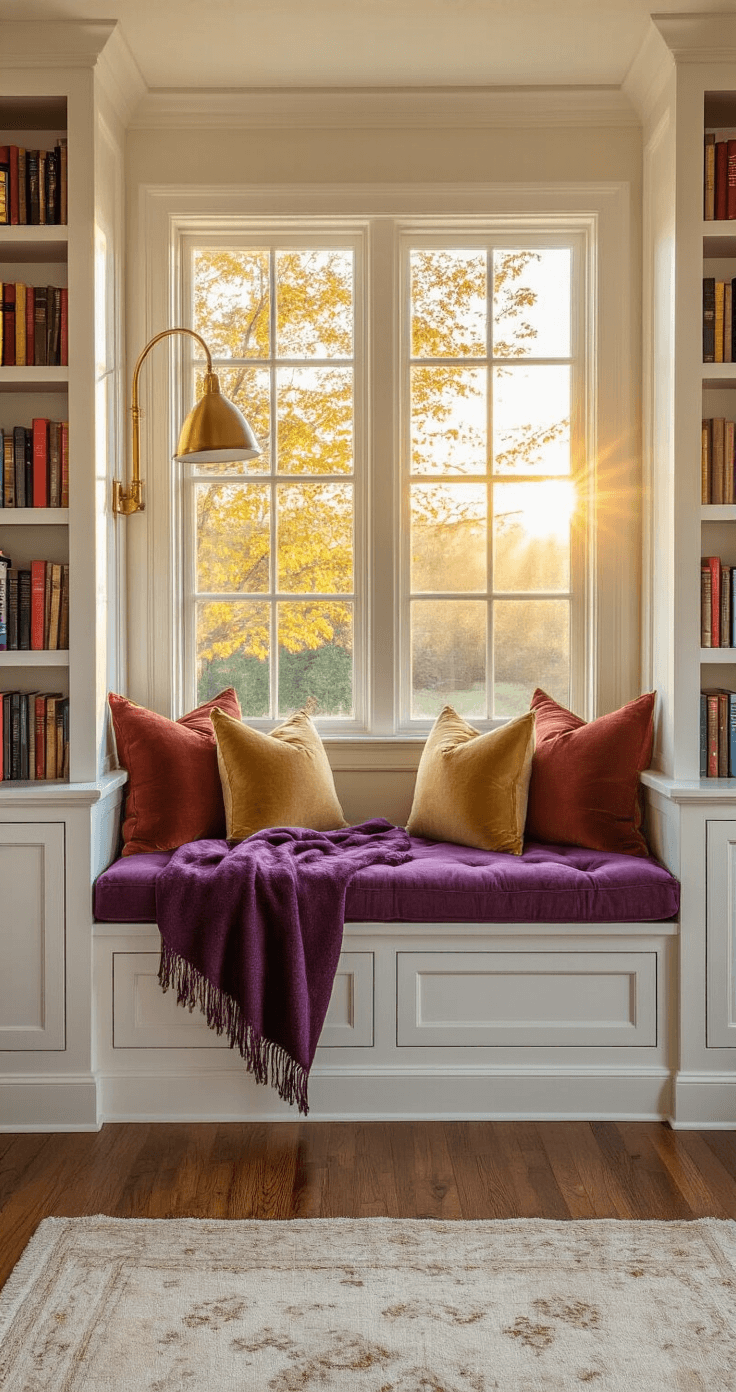 Intimate reading nook with window seat and tufted red cushions, soft purple blanket, golden pillows, and built-in white bookshelves filled with books, all bathed in warm sunset light.