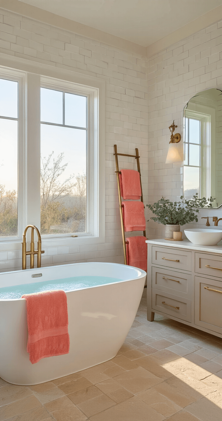 A master bathroom at dawn featuring a freestanding white porcelain tub in front of a large window, sandy beige stone flooring, coral pink Turkish towels on a brass ladder rack, a warm greige floating vanity with vessel sinks, and a mirror reflecting the morning sky, all accented by white subway tiles with soft blue grout and a potted eucalyptus plant.